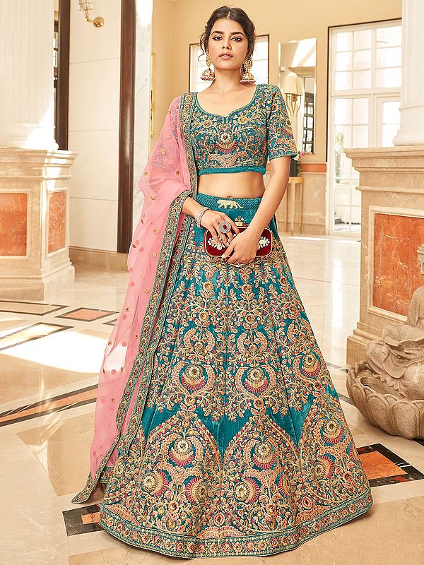 Dark-Aqua Velvet Zari And Thread-Sequins Embroidery Work Lehenga Choli With Soft Net Attractive Dupatta