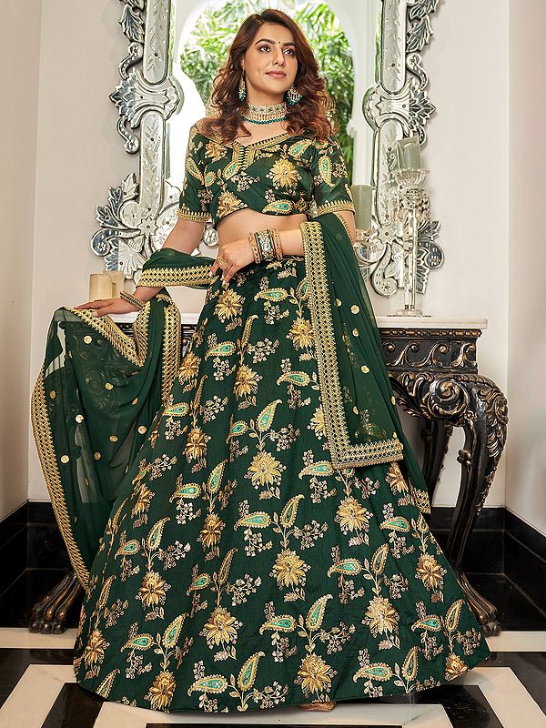 Medium-Jungle-Green Art Silk Zari And Thread-Sequins Embroidery Work Lehenga Choli With Georgette Matching Dupatta