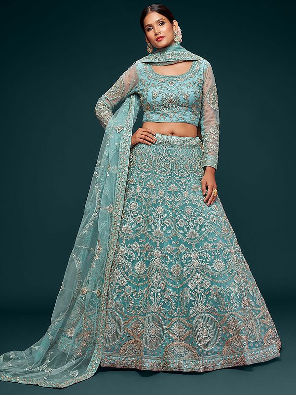 Thread-Zari And Glitter Embroidery Work Party Wear Soft Net Lehenga Choli With Matching Dupatta