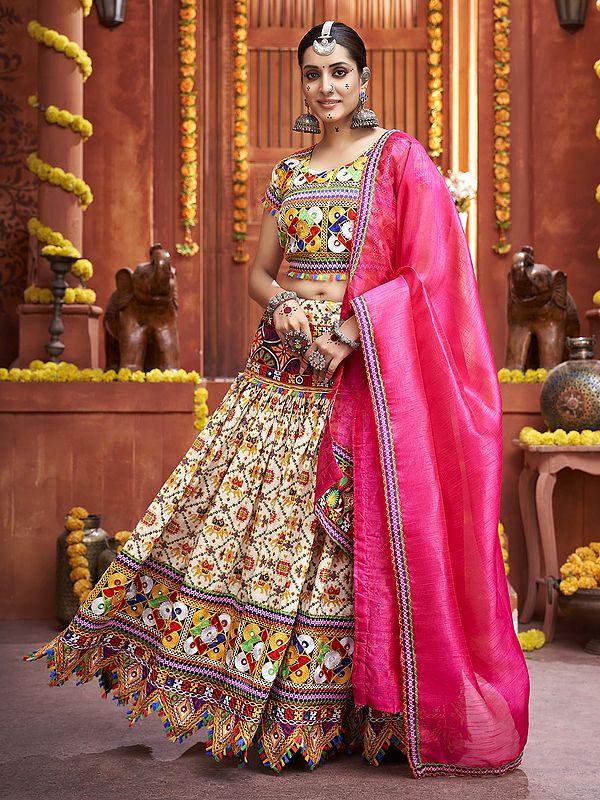 Multicolor Mix Cotton Silk Gamthi Print And Mirror Work Festival Wear Lehenga Choli With Art Silk Dupatta