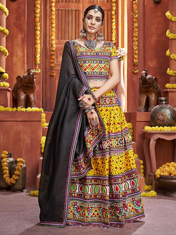 Golden-Yellow Mix Cotton Silk Gamthi Print And Mirror Work Lehenga Choli With Art Silk Dupatta