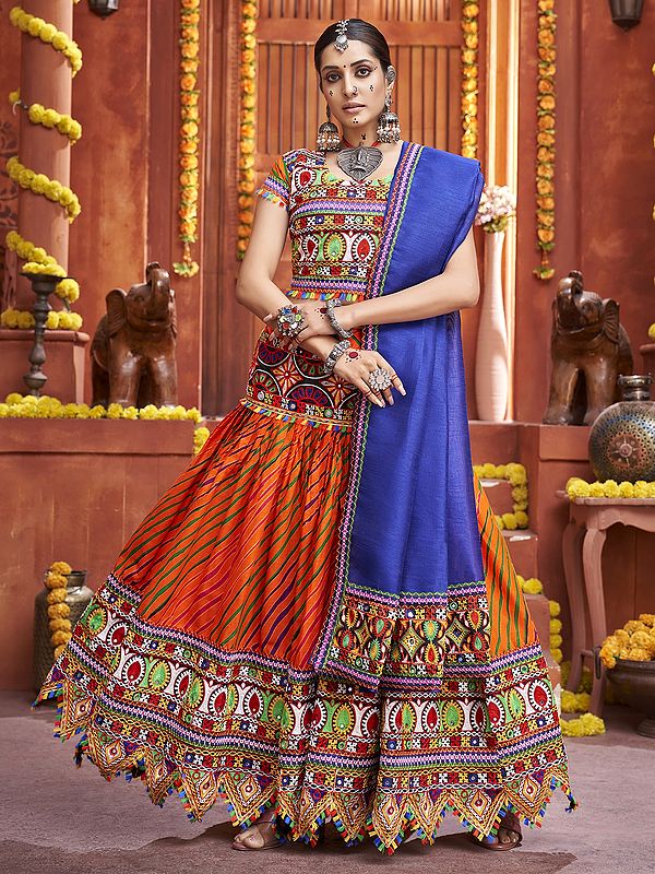 Multicolor Mix Cotton Silk Gamthi Print And Mirror Work Traditional Lehenga Choli With Art Silk Dupatta