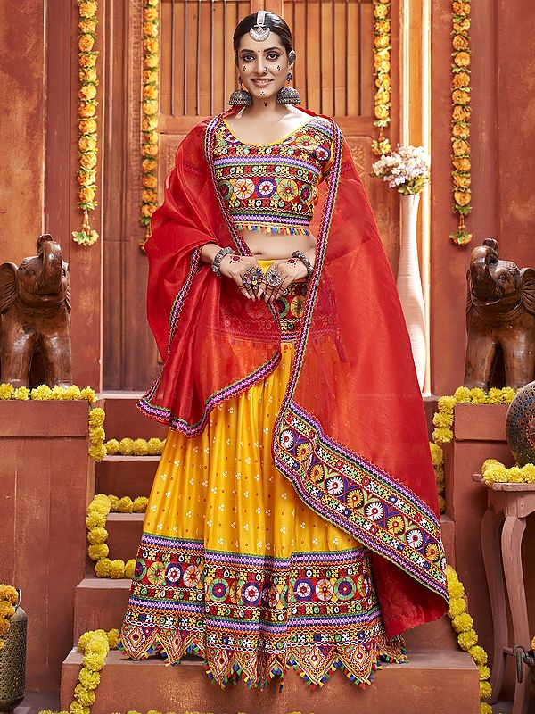 Yellow Mix Cotton Silk Gamthi Print And Mirror Work Festival Wear Lehenga Choli With Art Silk Dupatta