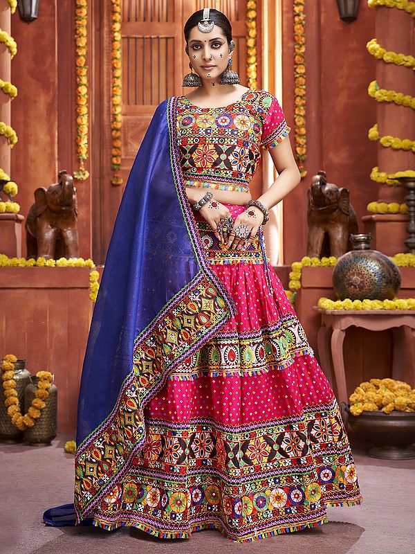 Multicolor Mix Cotton Silk Gamthi Print And Mirror Work Festival Wear Lehenga Choli With Art Silk Dupatta