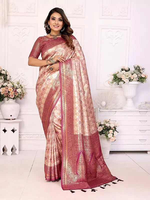 Elegant Soft Lichi Silk Wide Border Weaving Work Saree With Contrast Tassels Pallu