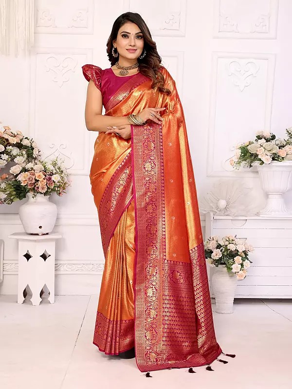 Floral Weaving Work Wide Border Attractive Wedding Wear Soft Lichi Silk Saree With Blouse