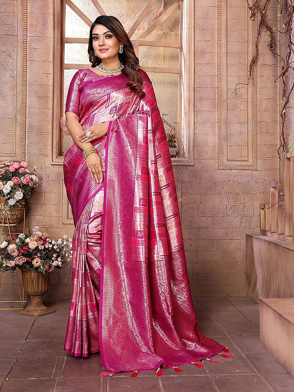 Stunning Floral Broad Border Weaving Work Soft Lichi Silk Saree With Contrast Tassel Pallu