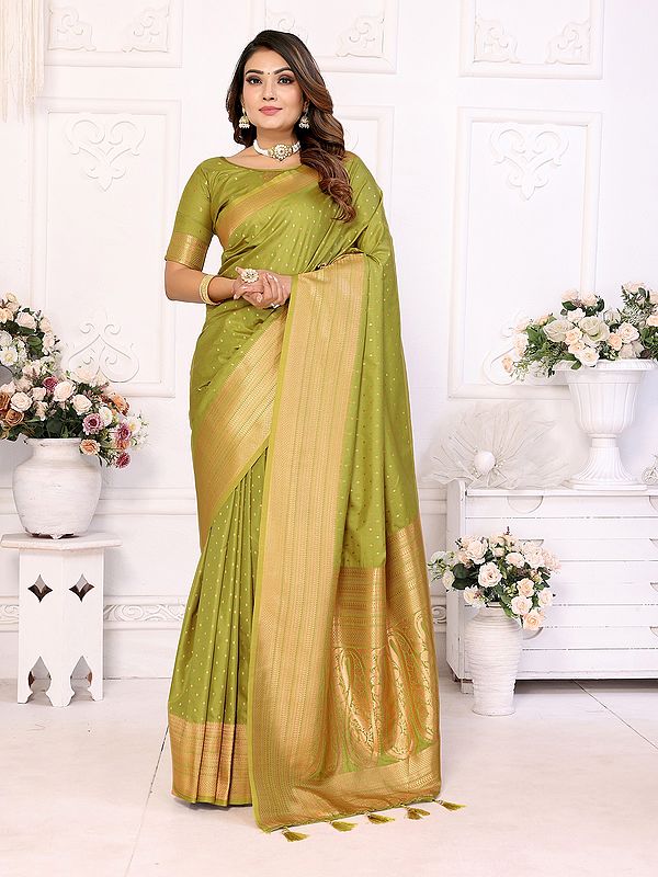 Soft Lichi Silk Small Butti Motifs Attractive Festive Wear Saree With Big Paisley Motifs Pallu