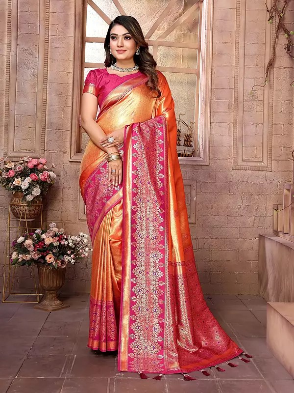Tissue Silk Weaving Work Wide Border Attractive Saree With Contrast Tassel Pallu