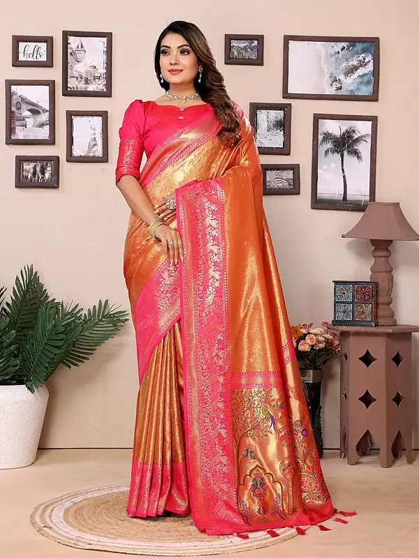 Stunning Weaving Work Broad Border Tissue Silk Saree With Peacock Motifs Pallu