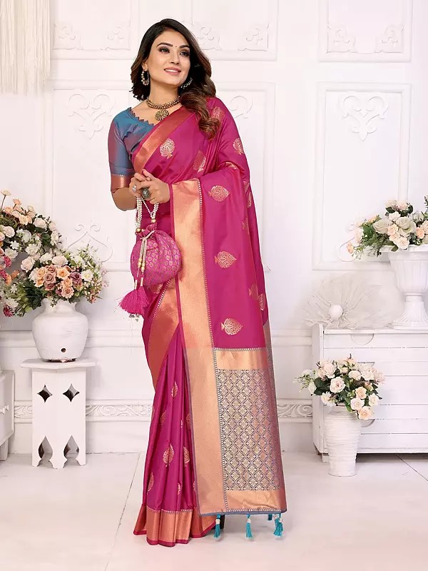 Floral Woven Motifs Attractive Soft Lichi Silk Casual Wear Saree With Blouse