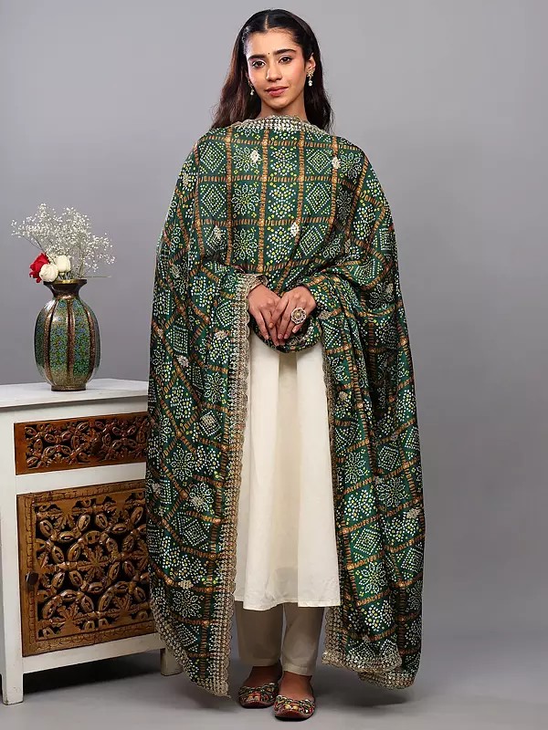 Bandhani Tie-Dye Gharchola Dupatta with Sequins-Zari Embroidery and Scalloped Border