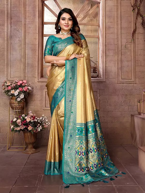Stunning Floral Weaving Work Tissue Silk Saree With Contrast Tassels Pallu