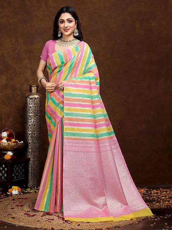 Cotton Silk Stunning Stripe Pattern Festive Wear Saree With Woven Tassels Pallu