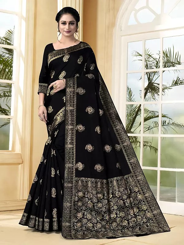 Lichi Silk Woven Floral Motifs Attractive Party Wear Saree With Matching Blouse