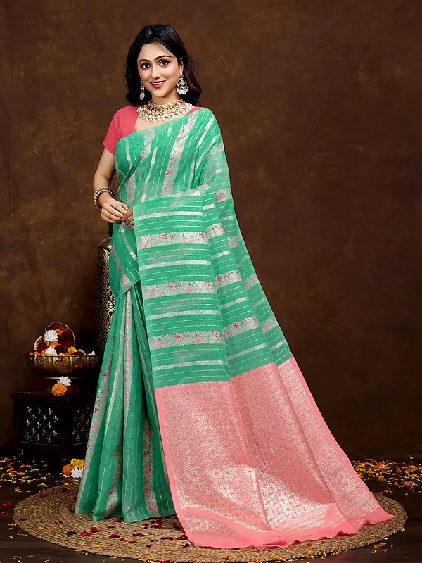 Cotton Silk Designer Stripe Pattern All Over Party Wear Saree With Woven Pallu