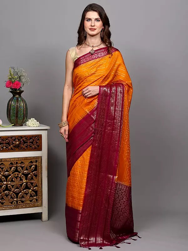 Temple Border Banarasi Saree with All-Over Stripes Weave and Zari work Wide Border-Anchal