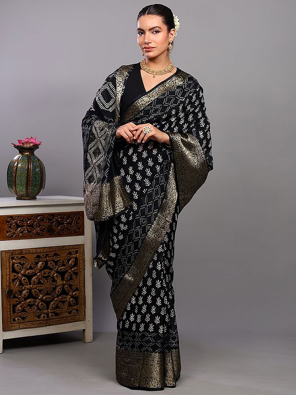 Bristol-Black Dola Silk Saree with Printed Leaves and Zari Brocaded Floral Border