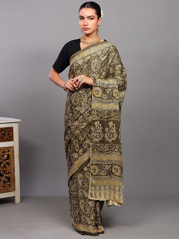 Dried-Herb Silk Saree from Telangana with All-Over Printed Paisleys Vines