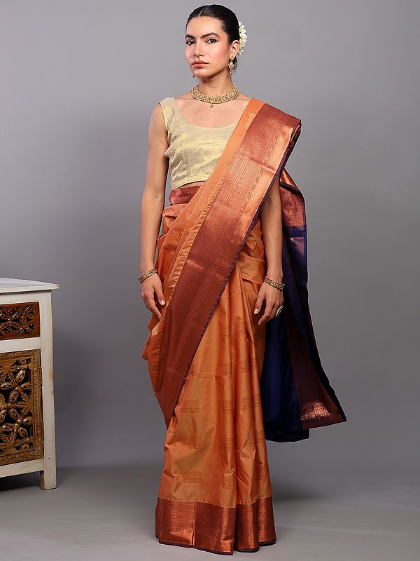 Dusty-Coral Kanjivaram Saree from Bangalore with Woven Ethnic Motifs in Copper Colored Thread