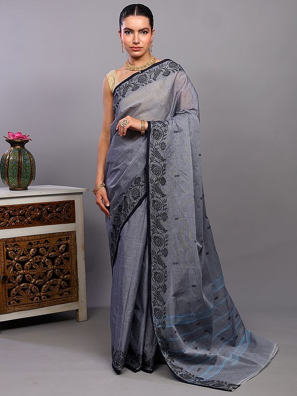 Oxford-Gray Chettinad Cotton Saree from Kumbakonam with Woven Peacocks-Floral Vine Border and Stripes Pallu