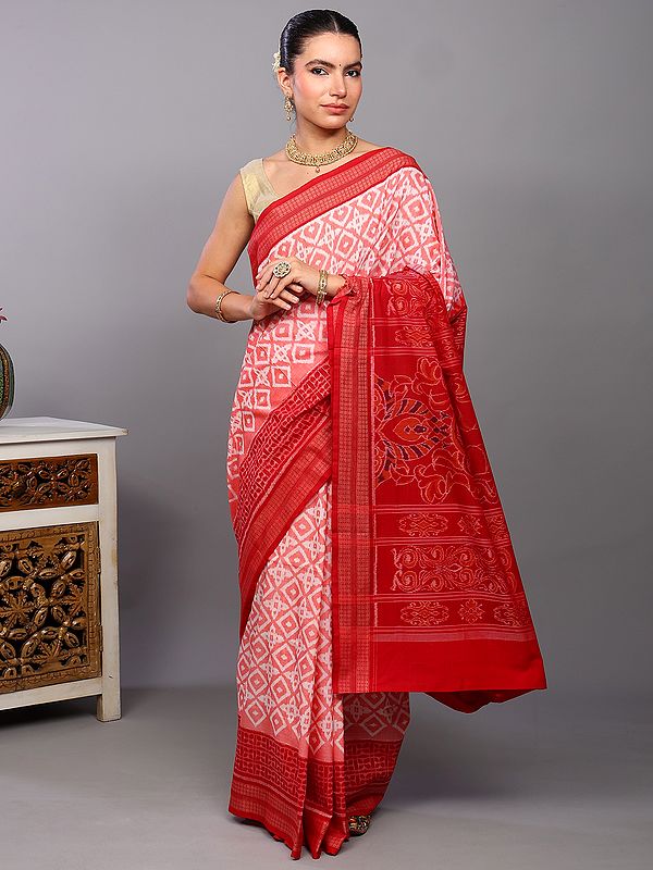Spiced-Coral Pure Cotton Ikat Handloom Saree with Rudraksha Woven Wide Border from Sambalpur