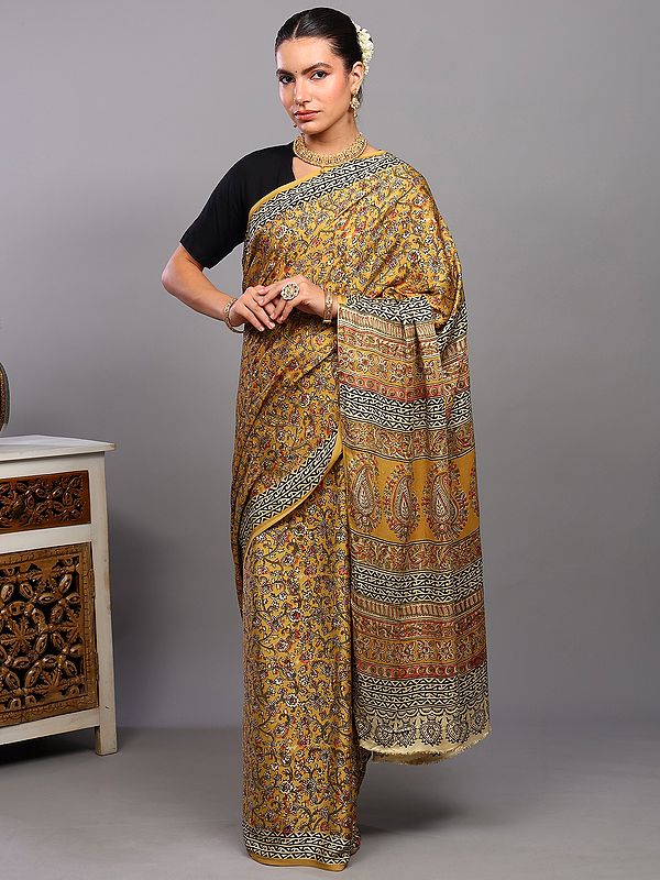Ceylon-Yellow Kalamkari Saree from Telangana with Block Printed Floral Jaal