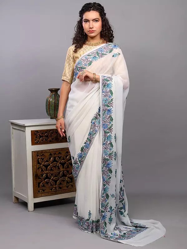 Lucent-White Georgette Saree with Aari Embroidered Floral Motifs from Kashmir