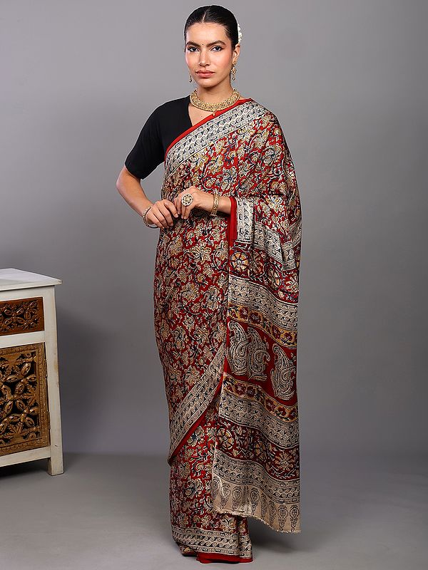 Mars-Red Kalamkari Saree with Printed Phool Bail All-Over from Telangana