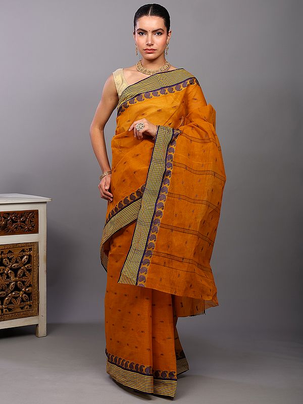 Dark-Cheddar Bootis Woven Cotton Saree with Stripes and Paisleys Border