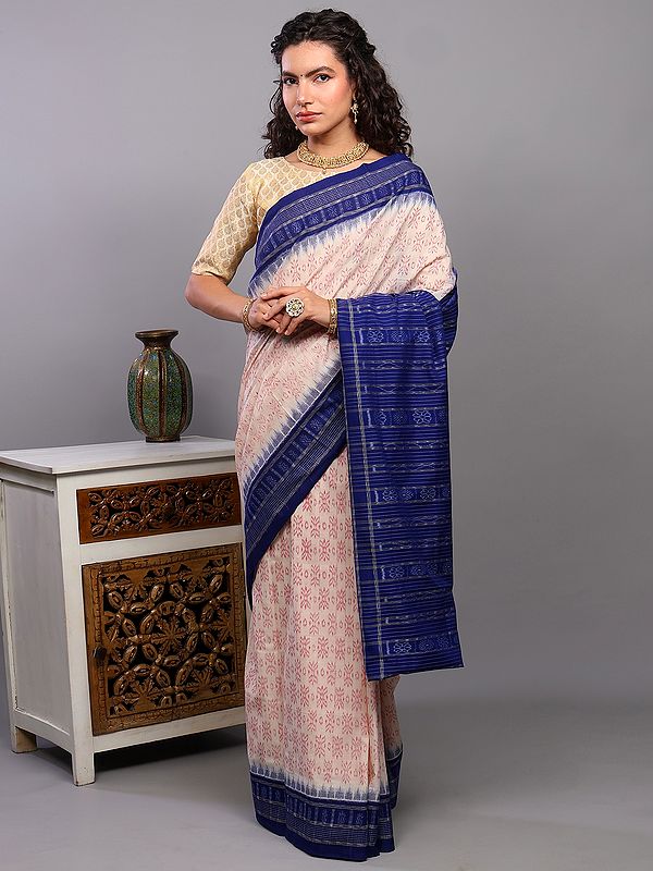 Whitecap-Gray Ikat Handloom Pure Cotton Saree with Contrast Blue Temple Border from Sambalpur
