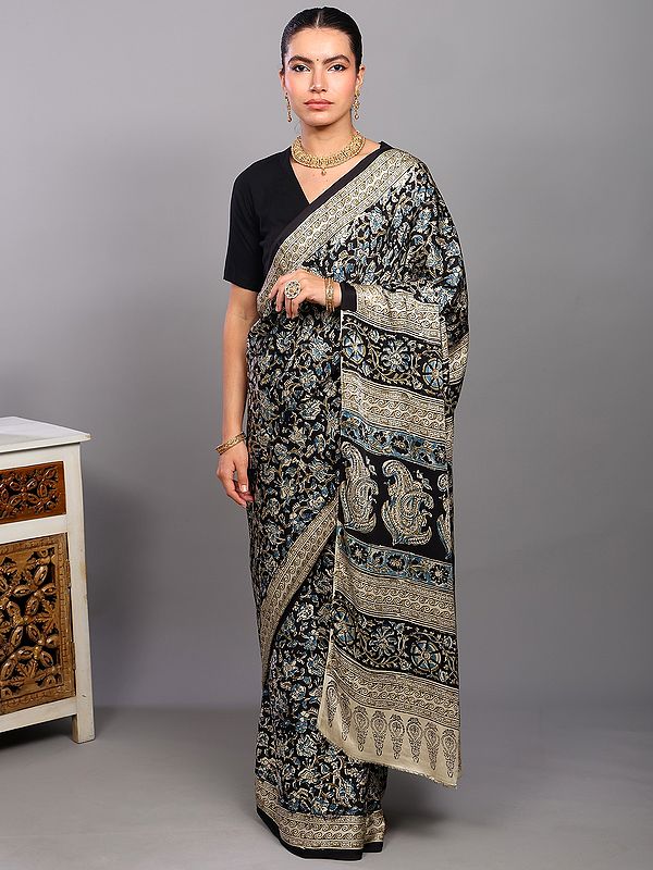 Black-Onyx Kalamkari Silk Saree with Block Printed Floral Vines from Telangana