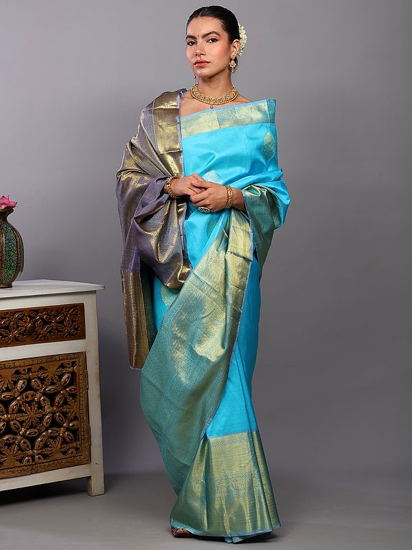 Bachelor-Blue Pure Silk Kanjivaram Handloom Saree with Zari woven Floral Bootis and Extra Wide Chevron Border from Bangalore