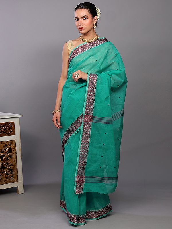 Electric-Green Cotton Temple Border Saree with Woven Bootis and Stripes Pallu