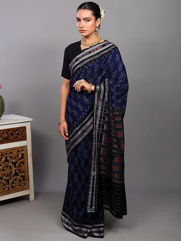 Patriot-Blue Pure Cotton Sambalpuri Saree with All-Over Ikat Weave and Temple Border