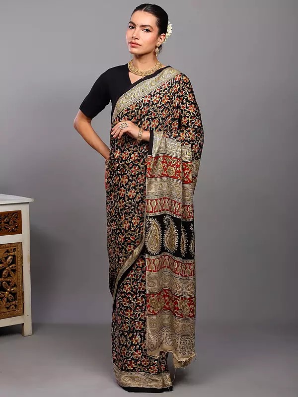 Black-Oyster Modal Silk Kalamkari Saree with Printed Multicolor Floral Jaal Pattern and Peacock Pallu