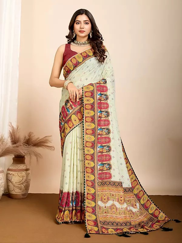 Elegant Muslin Cotton Wide Border Party Wear Saree With Tassels Pallu