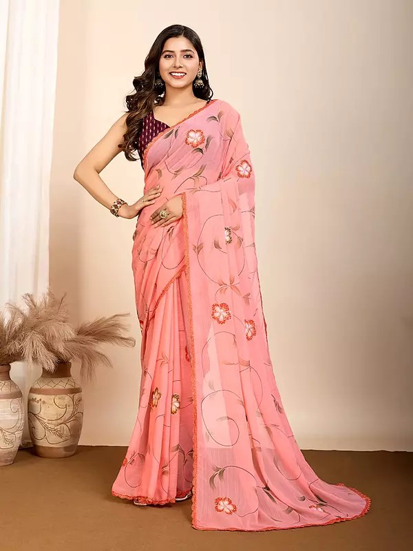 Floral Motifs Attractive Georgette Party Wear Saree With Blouse