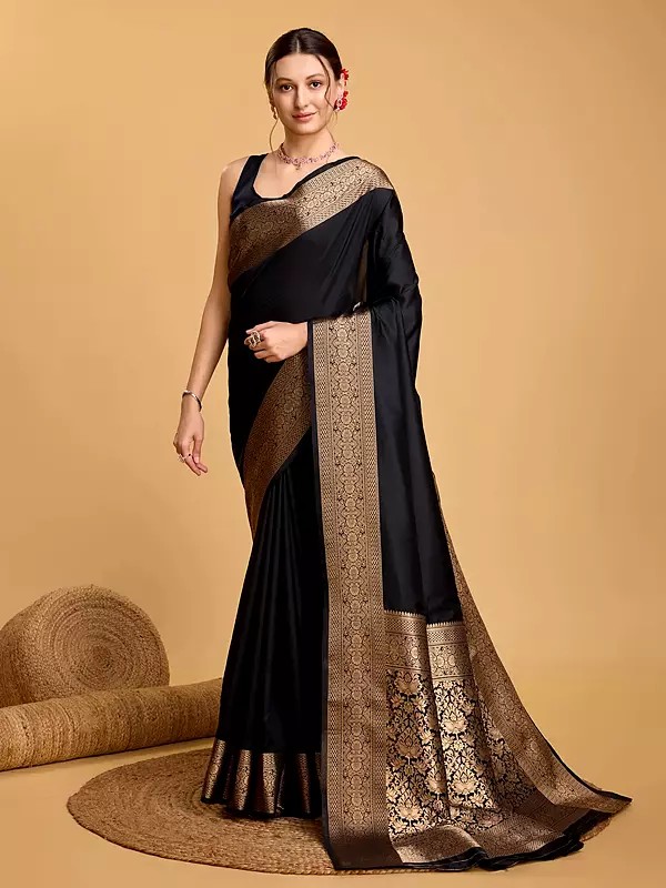 Stunning Weaving Work Broad Border Soft Lichi Silk Saree With Matching Blouse