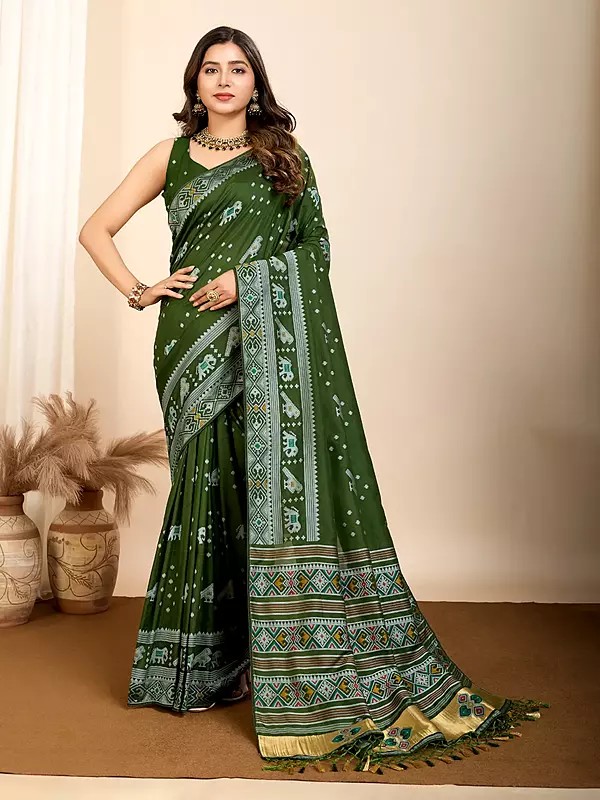 Muslin Dola Silk Elephant And Bird Print Festive Wear Saree With Blouse