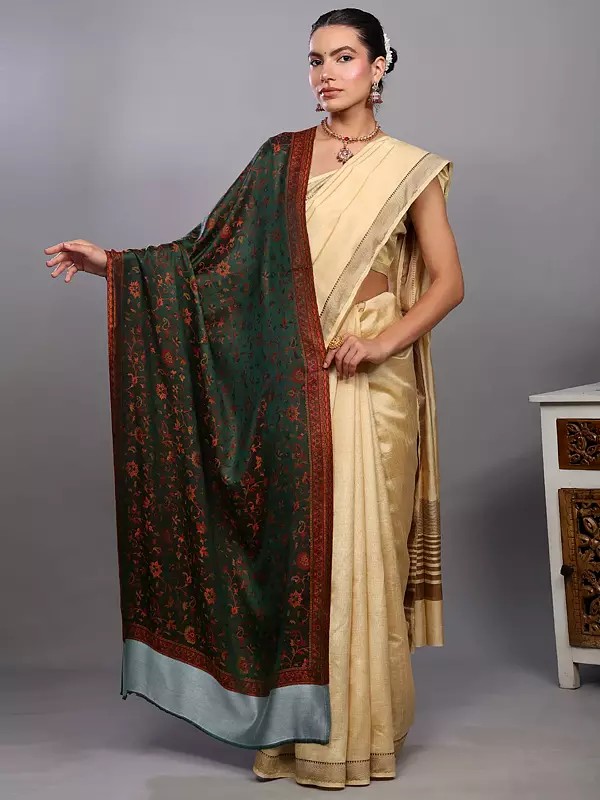 Trekking-Green Reversible Kani Jamawar Stole from Amritsar with Woven Paisleys and Floral Jaal