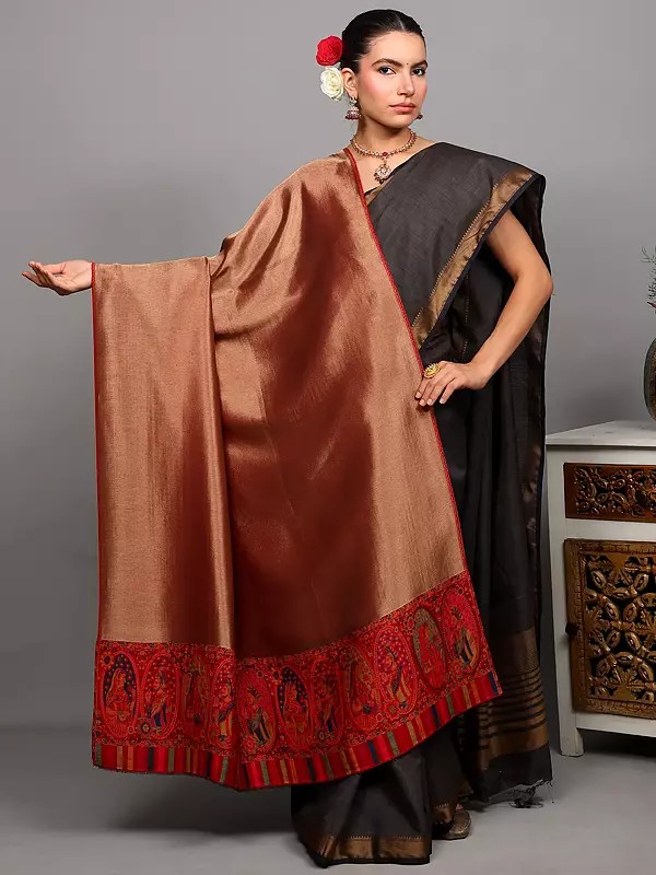 Barbados-Cherry Shimmer Shawl and Kani Palla with Woven Mughal King with Queen