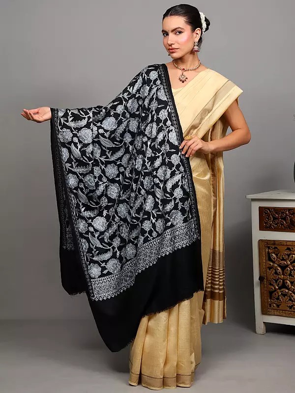 Wool Stole with Chain Stitch Aari Embroidered Floral Jaal from Amritsar