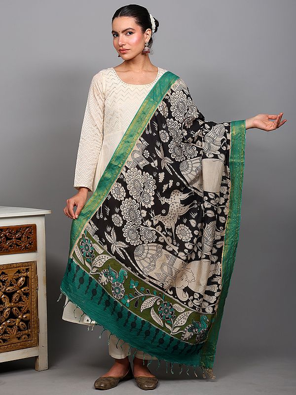 Bristol-Black Kalamkari Dupatta with Printed Jungle Scene and Zari Border from Telangana