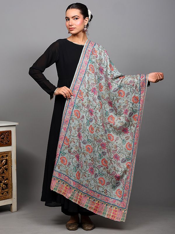 Green-Tint Kalamkari Aari Embroidered Stole with Printed Phool Bail from Punjab