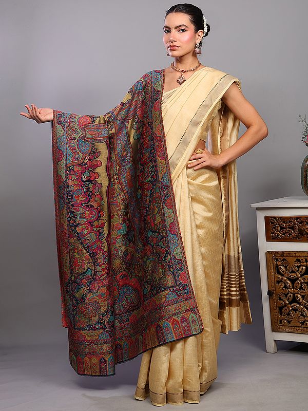 Multicolor Pure Wool Kani Shawl with Woven Marriage Procession and Zari Weave