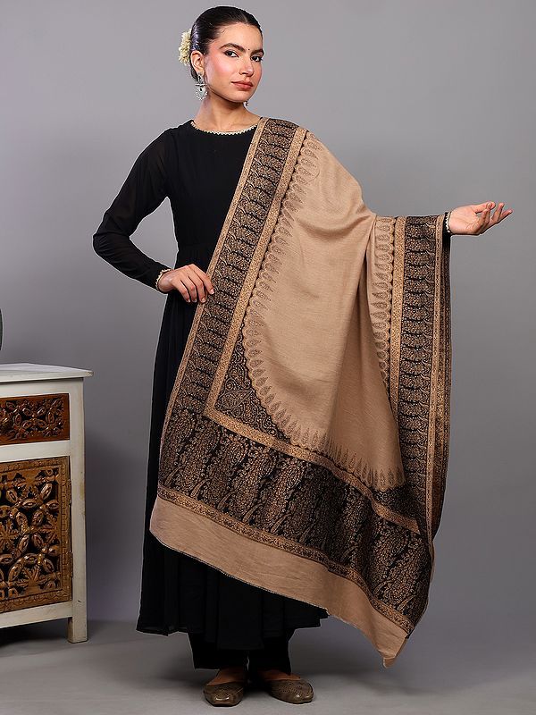 Cuban-Sand Wool Shawl with Intricate Zari Woven Paisley Kani Border