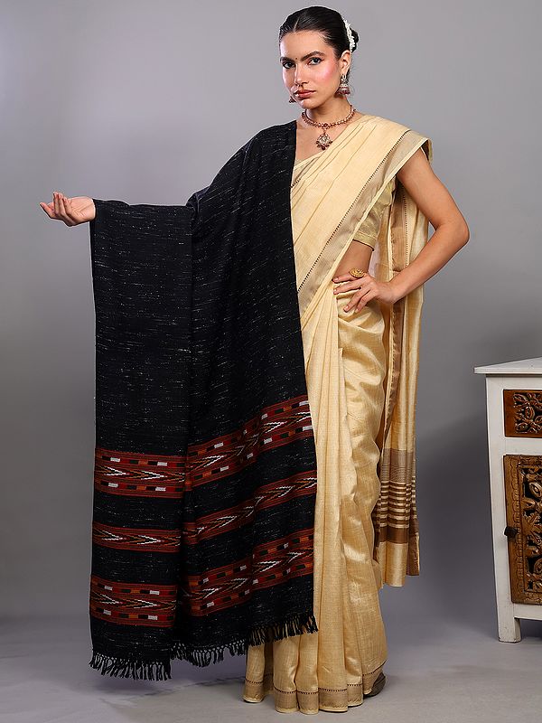 Black-Onyx Yak Wool Kullu Shawl with Chevron Weave and Kinnauri Triple Border