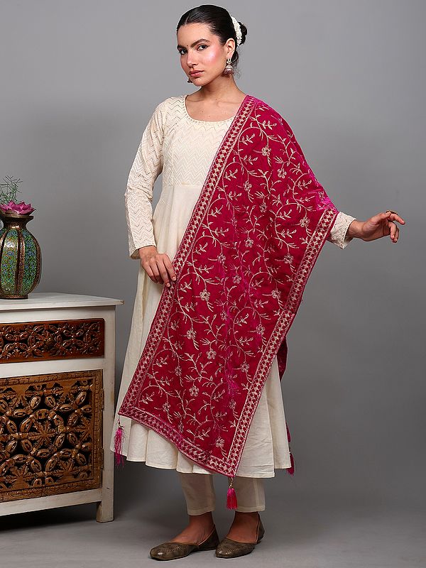 Velvet Stole with Embroidered Spring Vine and Latkan from Amritsar