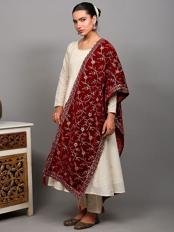 Velvet Stole with Embroidered Spring Vine and Latkan from Amritsar